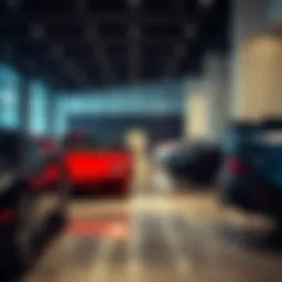 Luxury vehicle showroom interior with high-end cars