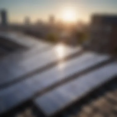 Solar panels reflecting sunlight on a rooftop