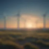 A serene landscape featuring wind turbines against a blue sky