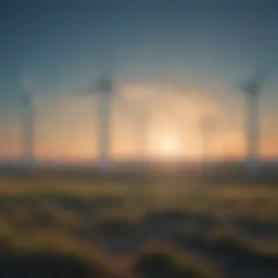 A serene landscape featuring wind turbines against a blue sky