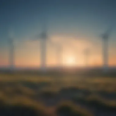 A serene landscape featuring wind turbines against a blue sky