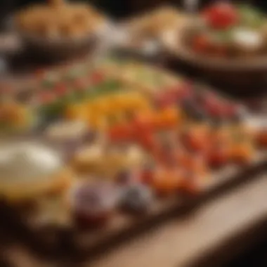Colorful assortment of appetizers on a wooden board