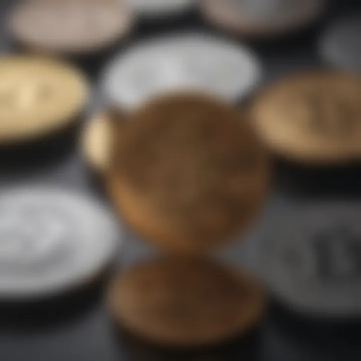 A close-up of digital coins representing various cryptocurrencies