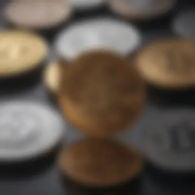 Diverse Cryptocurrencies in Focus A close-up of digital coins representing various cryptocurrencies