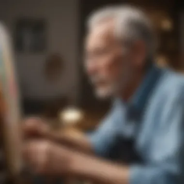 Elderly man painting on canvas in a bright art studio