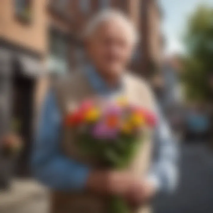 Elderly gentleman holding a bouquet of flowers behind his back