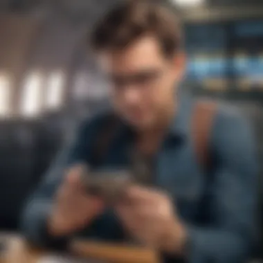 Traveler Booking a Flight A traveler joyfully booking a flight on a mobile device