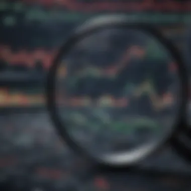 Magnifying glass analyzing stock market data