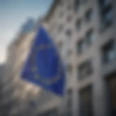 European Union flag waving against modern architecture background