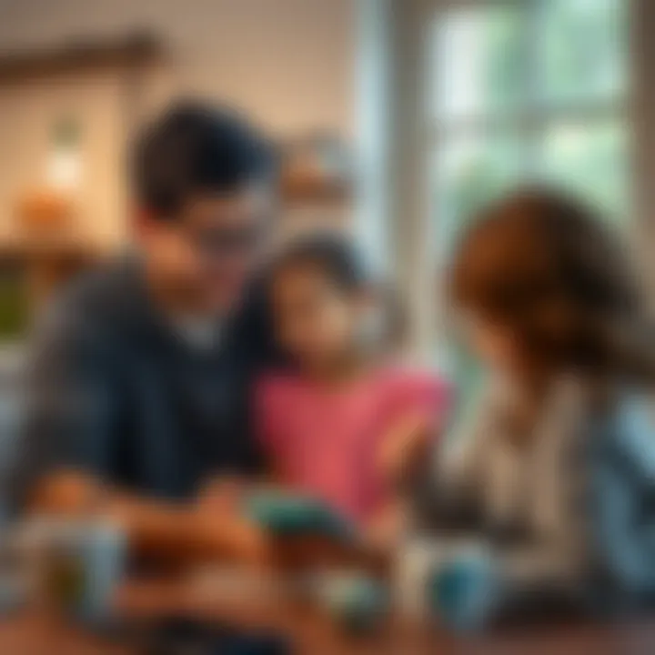 Teaching Financial Literacy Parents teaching children about budgeting using a mobile app