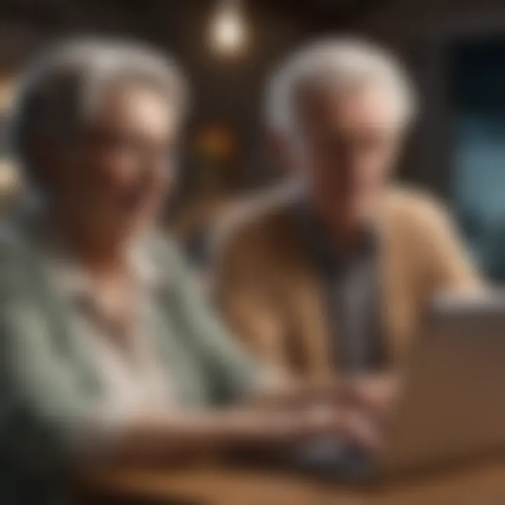 An elderly couple enjoying a virtual date on a laptop