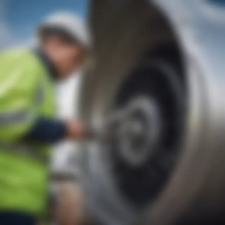 Close-up of a wind turbine being serviced by a technician