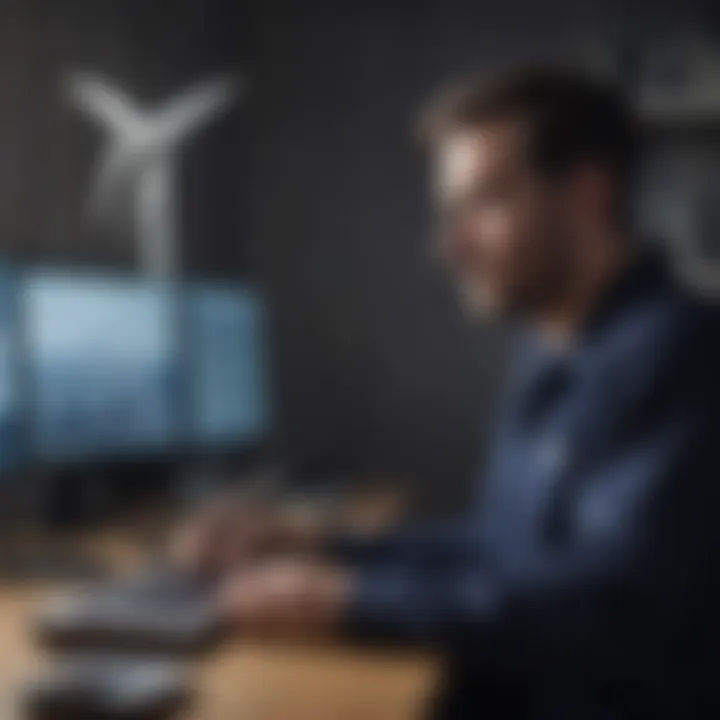 Wind turbine service technician analyzing performance data on a computer