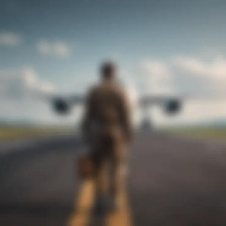 Pilot in uniform walking towards an airplane on tarmac