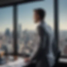 Professional in a business suit looking out at cityscape from office window