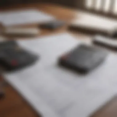 Calculator and financial documents laying on a table.