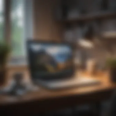 A laptop on a cozy desk with a cup of coffee