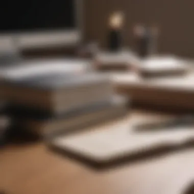 A well-organized desk with financial books and a notepad