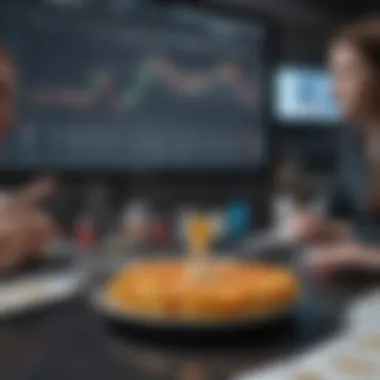 A diverse group discussing financial strategies with charts and graphs in the background