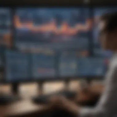 Strategic Investment Analysis A focused individual analyzing stock data on multiple screens