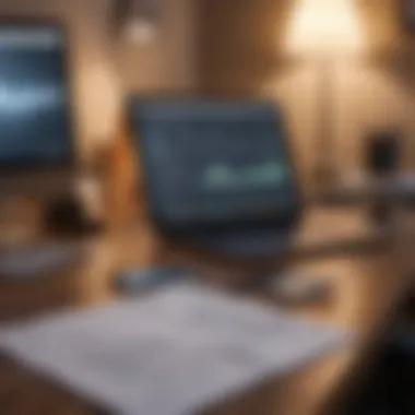 A serene desk setup featuring a laptop and a notepad with financial graphs.