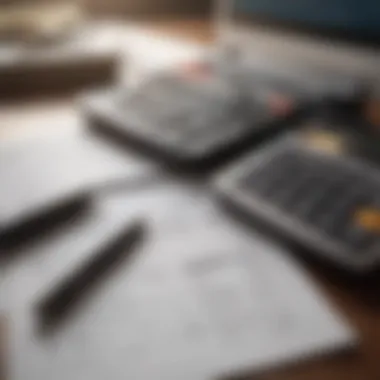 Close-up of a calculator, tax documents, and a laptop on a desk