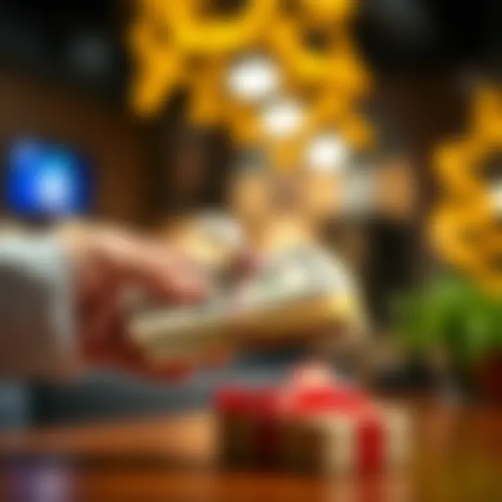 Transaction of Cash for E-Gift Cards Illustration of cash being exchanged for e-gift cards