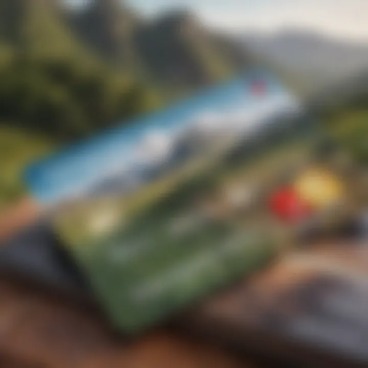 A close-up of a travel rewards credit card with lush landscapes in the background