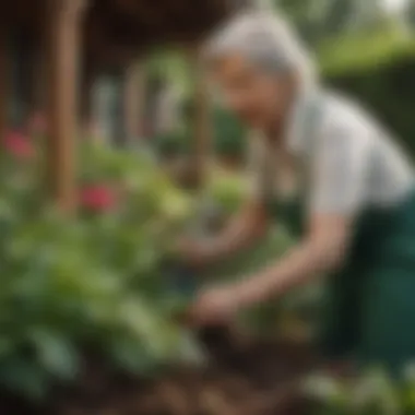 Senior woman gardening and tending to plants in backyard