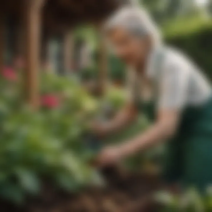 Senior woman gardening and tending to plants in backyard