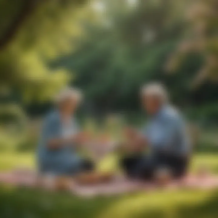 Senior couple enjoying a picnic in a blooming garden