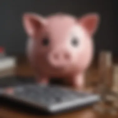 A close-up of a piggy bank filled with coins and a calculator