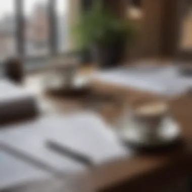 Serene Financial Workspace A serene workspace with a coffee cup and financial documents laid out