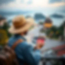 Scenic view of a traveler using a credit card at a global destination